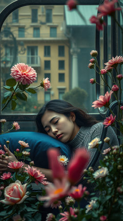 A woman naps on a blue pillow surrounded by pink flowersの素材