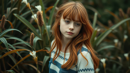 A young girl with long, red hair stands in a lush garden with white flowers and green leavesの素材