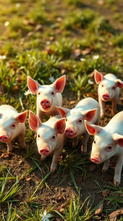 A group of piglets stand in a grassy field, looking up at the cameraの素材