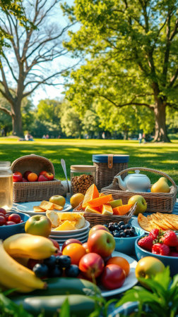 A picnic lunch spread out on a blanket under the shade of trees, featuring fresh fruits, nuts, and pastriesの素材