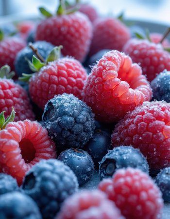 Frozen raspberries and blueberries sit close together in a bowlの素材