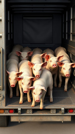 A group of pink pigs are being transported in a truckの素材