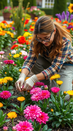 A woman is tending to pink and yellow flowers in a gardenの素材
