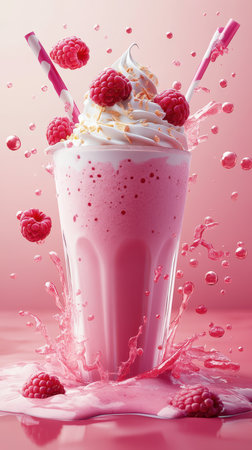 A pink milkshake with whipped cream and raspberries splashes into a pool of pink liquidの素材