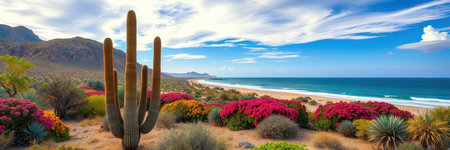 A tall cactus stands in front of a beautiful beach scene with blue water and a sandy shoreの素材