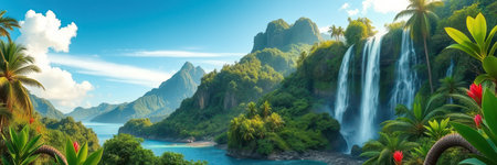 A lush waterfall cascades down a mountainside in a tropical paradiseの素材