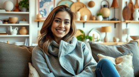 A woman sits on a couch in a living room, smiling at the cameraの素材