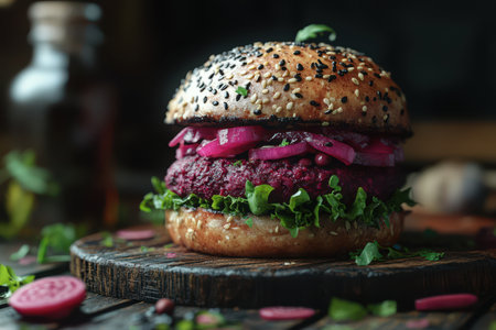 A beet burger with red onion and lettuce sits on a wooden cutting boardの素材