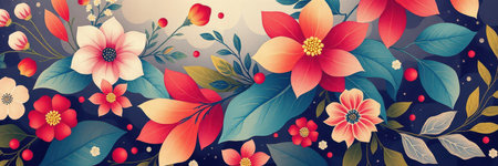 A colorful floral arrangement with red, pink, and white flowers against a dark blue backgroundの素材