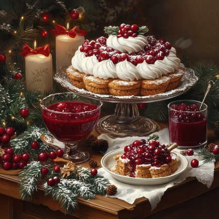 A festive dessert table with a cranberry cake, bowls of cranberry sauce, and a sprig of hollyの素材