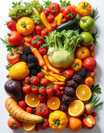 A variety of fruits and vegetables, including strawberries, oranges, and tomatoes, are arranged on a white surfaceの素材
