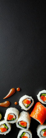 Salmon and avocado sushi rolls with a side of soy sauce on a black backgroundの素材