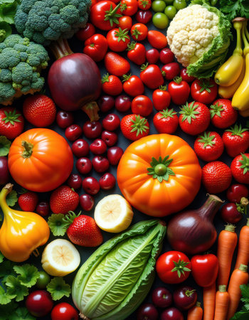 A variety of fresh produce, including tomatoes, strawberries, and pumpkins, are arranged on a dark surfaceの素材