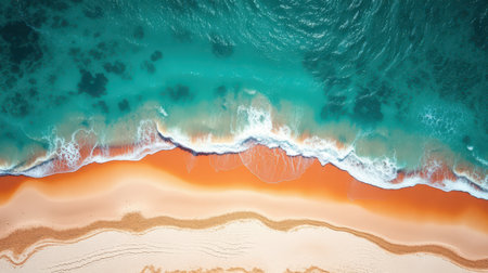 An aerial view of turquoise water crashing on a sandy beachの素材