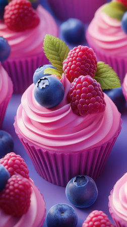 A pink cupcake with raspberry and blueberry toppings sits on a purple surfaceの素材