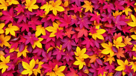 Vibrant yellow, red, and purple leaves cover the ground during fallの素材