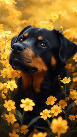 A black and tan dog with brown eyes looks up from a field of yellow wildflowersの素材