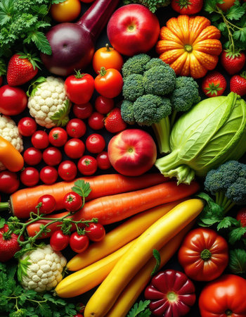 A variety of fresh produce, including tomatoes, carrots, and broccoli, arranged on a dark backgroundの素材