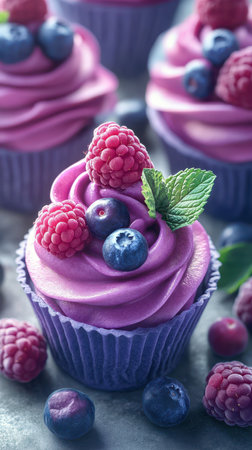 A purple cupcake topped with raspberries, blueberries, and a sprig of mint sits on a gray surfaceの素材