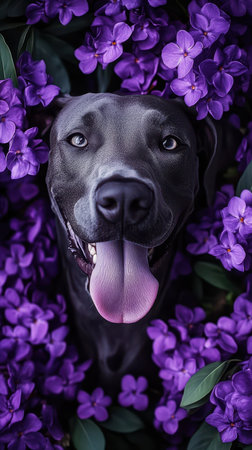 A black dog with a pink tongue sticks its head through purple flowersの素材
