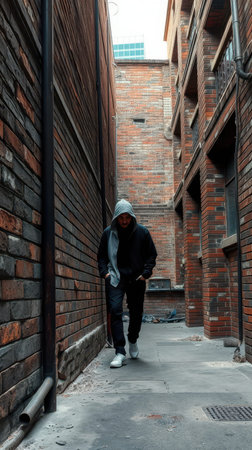 A person walks down a brick alleyway in a cityの素材