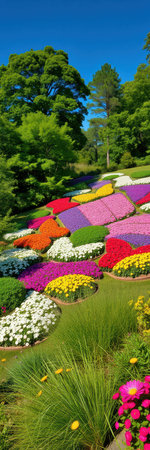 A colorful display of flowers in a public garden creates a beautiful butterfly designの素材
