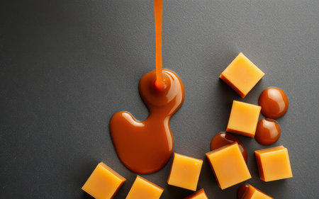 Caramel sauce being poured over a collection of caramel candies on a gray surfaceの素材