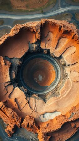 An aerial view of a deep crater in the red rock formations of Utahの素材