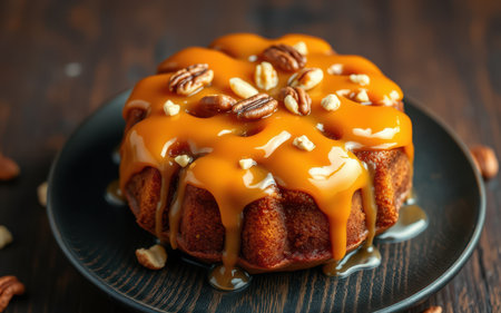 A pecan cake with a thick caramel glaze is ready to eatの素材