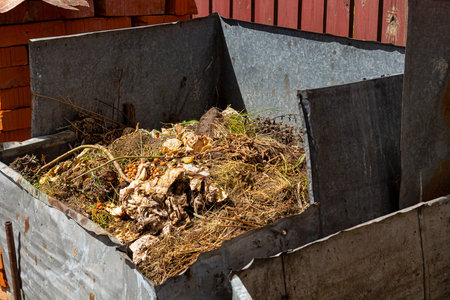 Garden compost heap for recycling and fertilizer. Composting pile of vegetable scraps. Eco friendly...