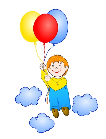 Boy flying a hot air balloon, with isolation on a white backgroundのイラスト素材