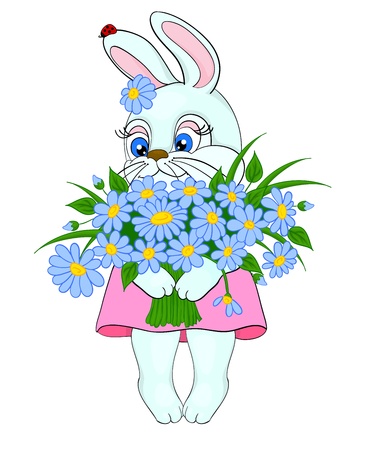 cartoon bunny with a big bouquet of flowers daisies, with isolation on a white backgroundのイラスト素材