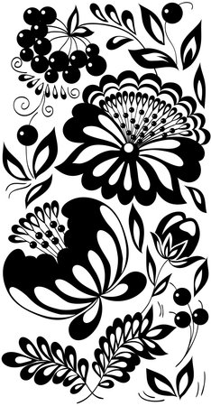 black-and-white flowers, leaves and berries. Background painted in the old styleのイラスト素材