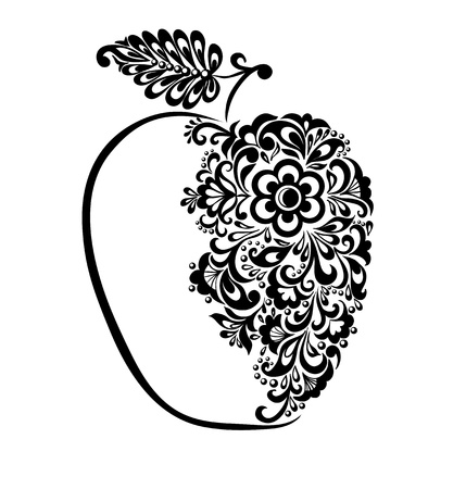 beautiful black and white apple decorated with floral pattern. Many similarities to the author's profileのイラスト素材