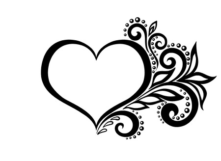 beautiful silhouette of the heart of lace flowers, tendrils and leaves. Isolated on white. のイラスト素材