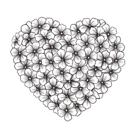 Black-and-white contour of flowers in the form of heartのイラスト素材