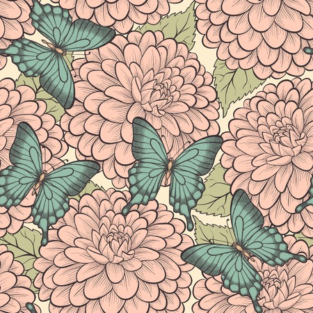 Beautiful seamless background with butterflies and dahlias pastel retro colorsのイラスト素材