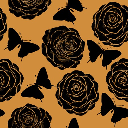 Beautiful seamless pattern with roses and silhouettes of butterflies.  in a hand-drawn graphic style in vintage colorsのイラスト素材
