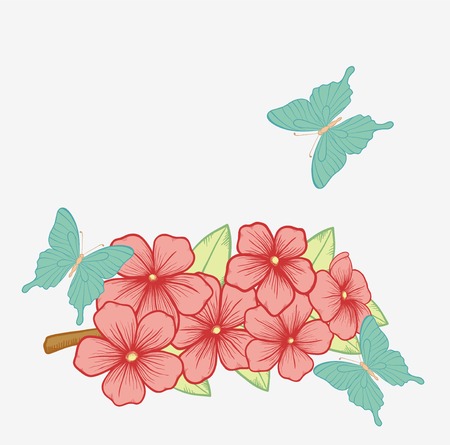 Beautiful background with branches of flowering trees and butterflies. Hand-drawn contour lines and strokes. Perfect for background greeting cards and invitations to the day of the weddingのイラスト素材