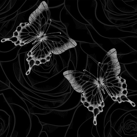 beautiful monochrome black and white seamless  with butterflies and flowers roses. Hand-drawn contour lines and strokes. のイラスト素材