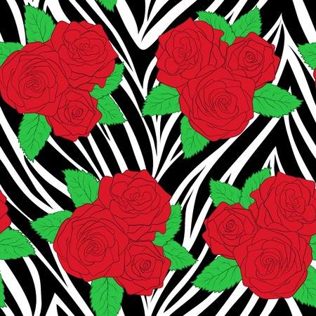 bouquets of roses on animal zebra abstract print. Seamless pattern. Perfect for background greeting cards and invitations of the wedding, birthday, Valentine's Dayのイラスト素材