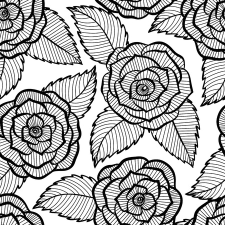 beautiful seamless black and white pattern in roses and leaves lace  Hand-drawn contour lines and strokes  Perfect for background greeting card and invitation of the wedding, birthday, Valentineのイラスト素材