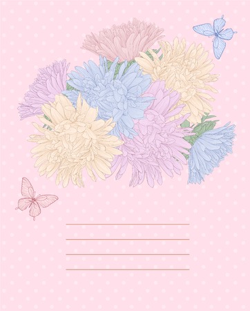 Beautiful background with bouquet flowers and butterflies. Hand-drawn contour lines and strokes.のイラスト素材
