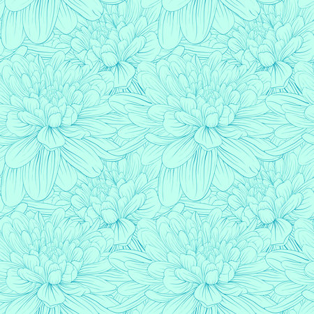 Beautiful seamless pattern with blue dahlia flowers. Hand-drawn contour and strokes.のイラスト素材
