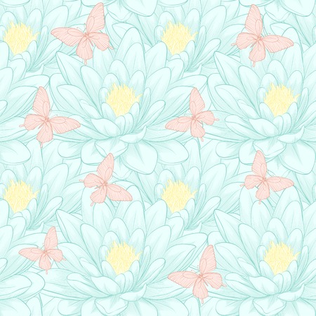 Beautiful seamless pattern with lotus flowers. Hand-drawn contour lines and strokes.のイラスト素材