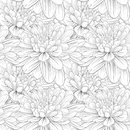 Beautiful monochrome, black and white seamless background with flowers dahlia. Hand-drawn contour lines and strokes.のイラスト素材