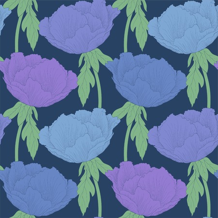 Beautiful seamless background with flowers Plant Paeonia arborea (Tree peony) with stem and leaves. Hand-drawn contour lines and strokes.のイラスト素材