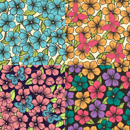 set of Beautiful seamless background with flowers and leaves. Hand-drawn contour lines and strokes. Perfect for background greeting cards and invitations of the wedding, birthdayのイラスト素材