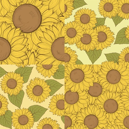 set of beautiful seamless background with sunflowers. Hand-drawn contour lines and strokes. Perfect for background greeting cards and invitationsのイラスト素材