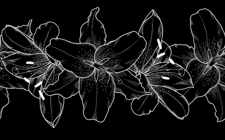 monochrome, black and white seamless horizontal frame element of lily flowers. for design for greeting card and invitation of the wedding, birthday, Valentine's Day, mother's day and other seasonal holidayのイラスト素材